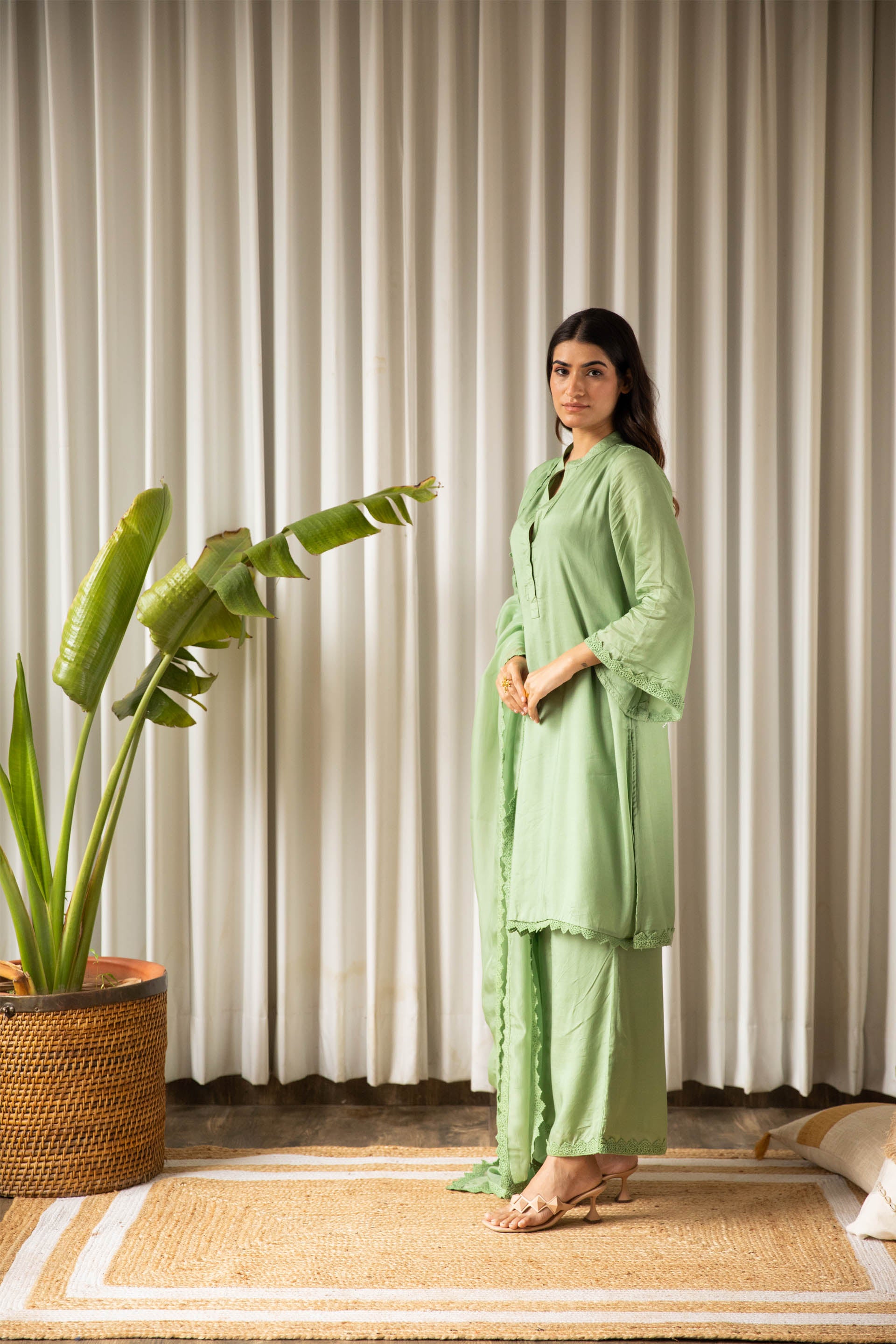 Sage Green Muslin Tunic Set (Set of Three)