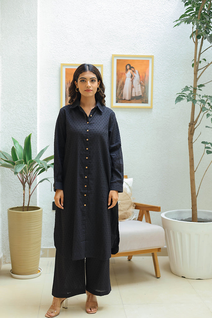 Black Cotton Weaved Co-ord Set (Set of Two)