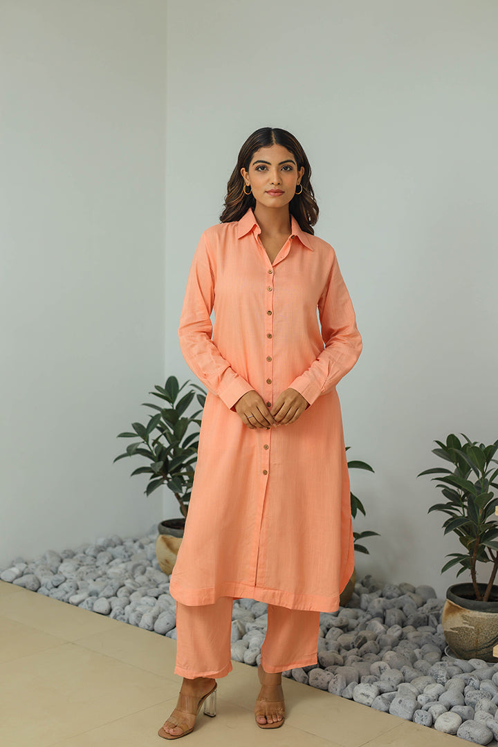 Peach Solid Cotton Co-ord Set (Set of Two)