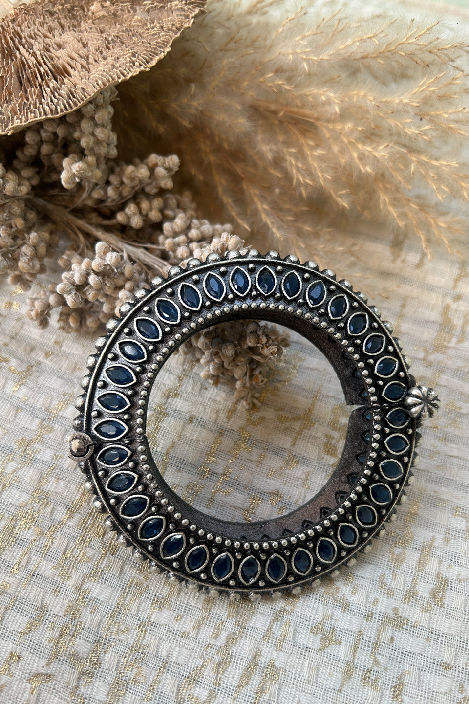 Antique Silver Blue Stone Statement Bangle (Size 2.6)