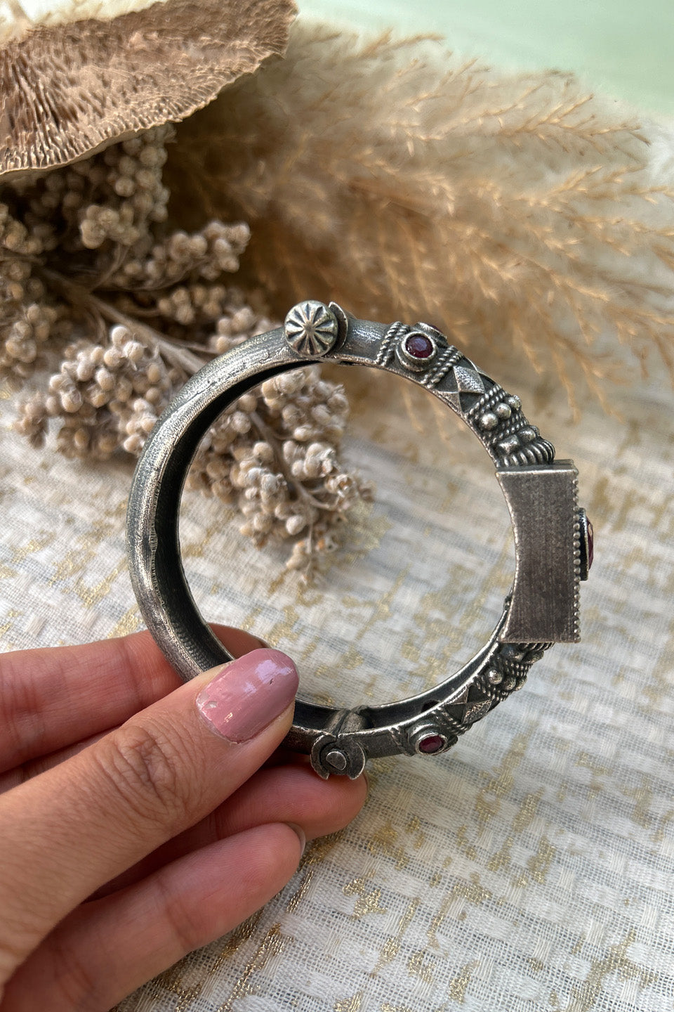 Antique Silver Red Stone Temple Bangle (Size 2.6)