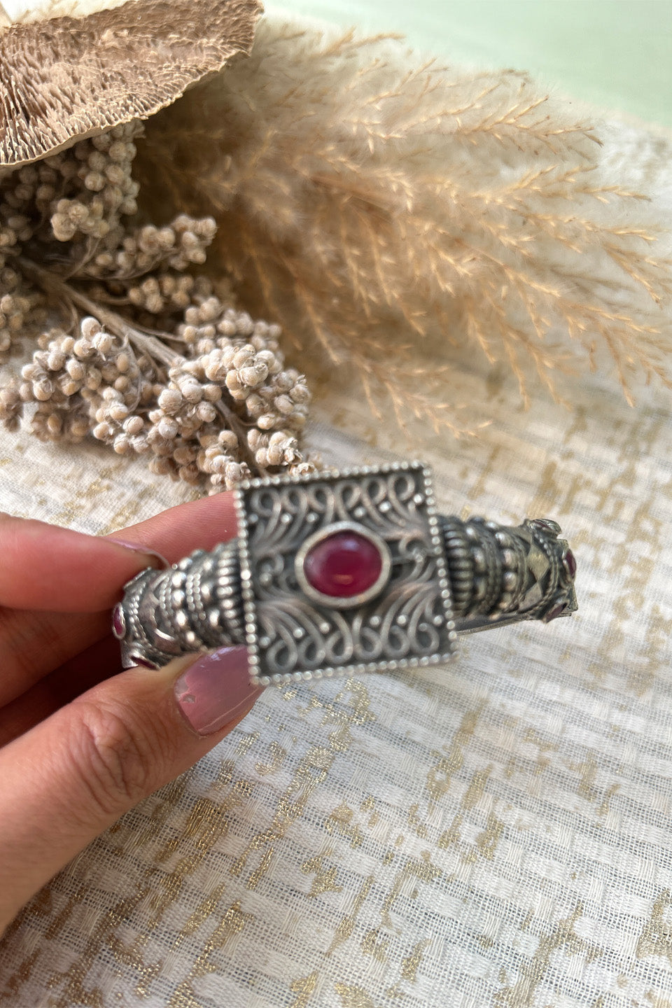 Antique Silver Red Stone Temple Bangle (Size 2.6)