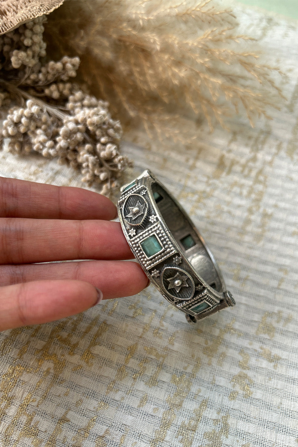 Antique Oxidised Silver Bangle with Turquoise Stone Detailing (Size 2.6)