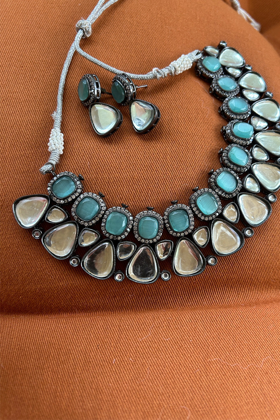 Semi-precious Polki & Teal Stone Necklace with matching earrings
