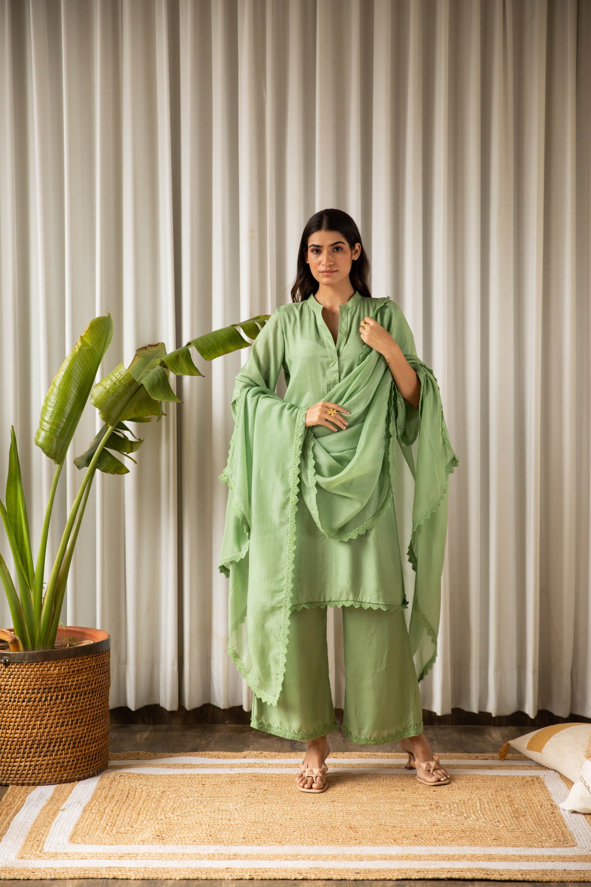 Sage Green Muslin Tunic Set (Set of Three)