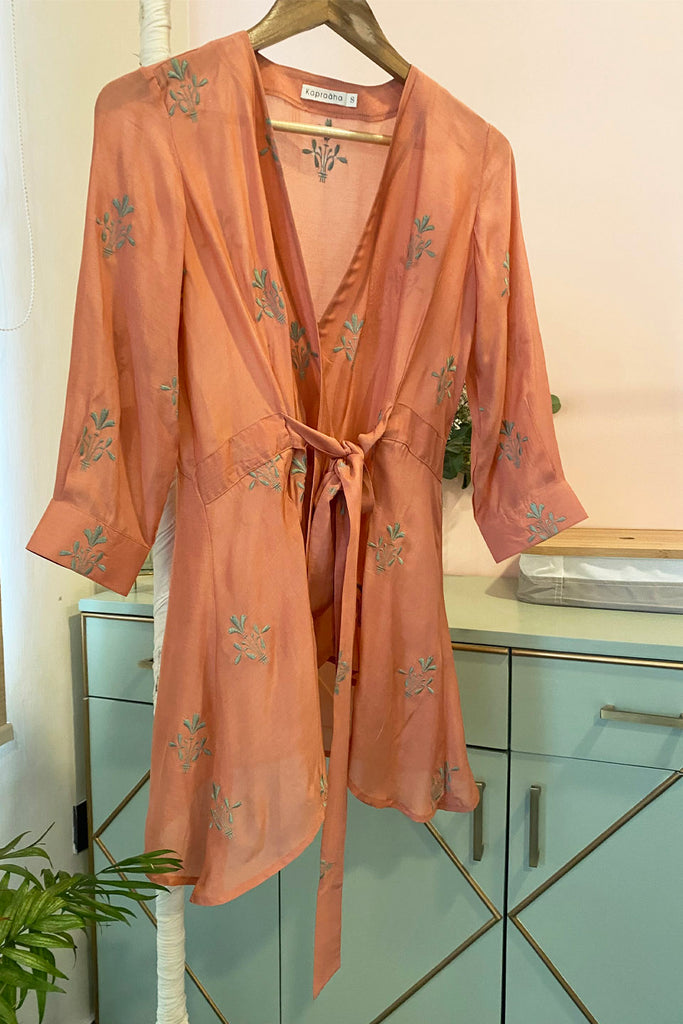 Rust and Sage Moroccan Embroidered Wrap Top