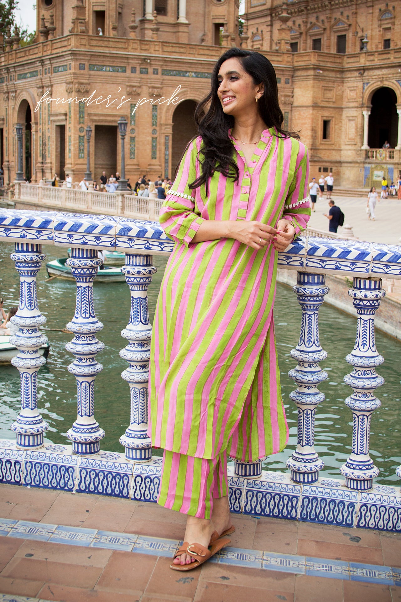 Green Pink Striped Tunic Set (Set of Two)