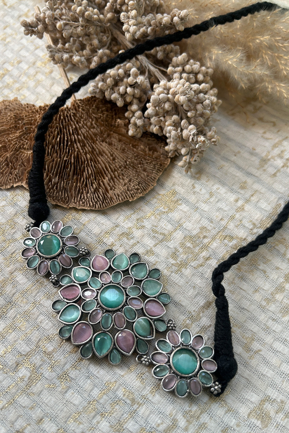 Oxidized Silver Floral Choker with Green & Pink Stones