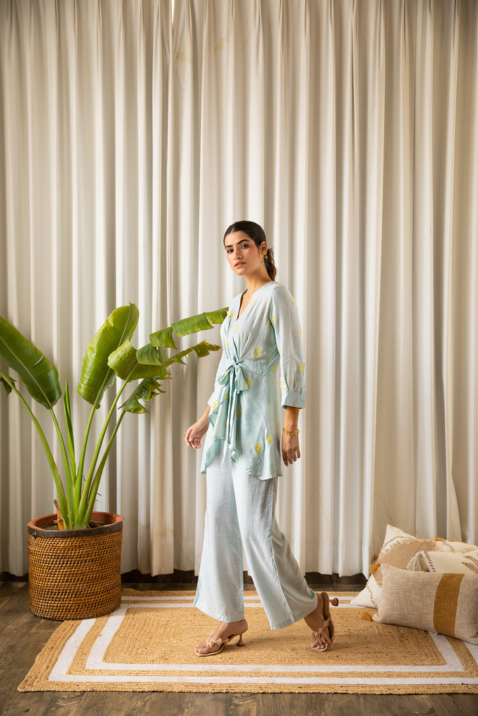 Soft Blue Embroidered Wrap Top with Pants (Set of Two)