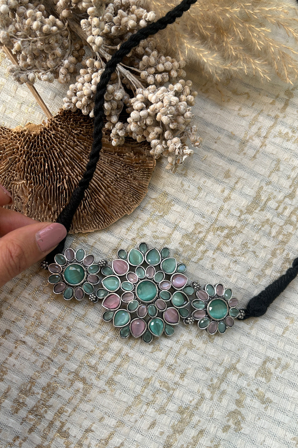 Oxidized Silver Floral Choker with Green & Pink Stones