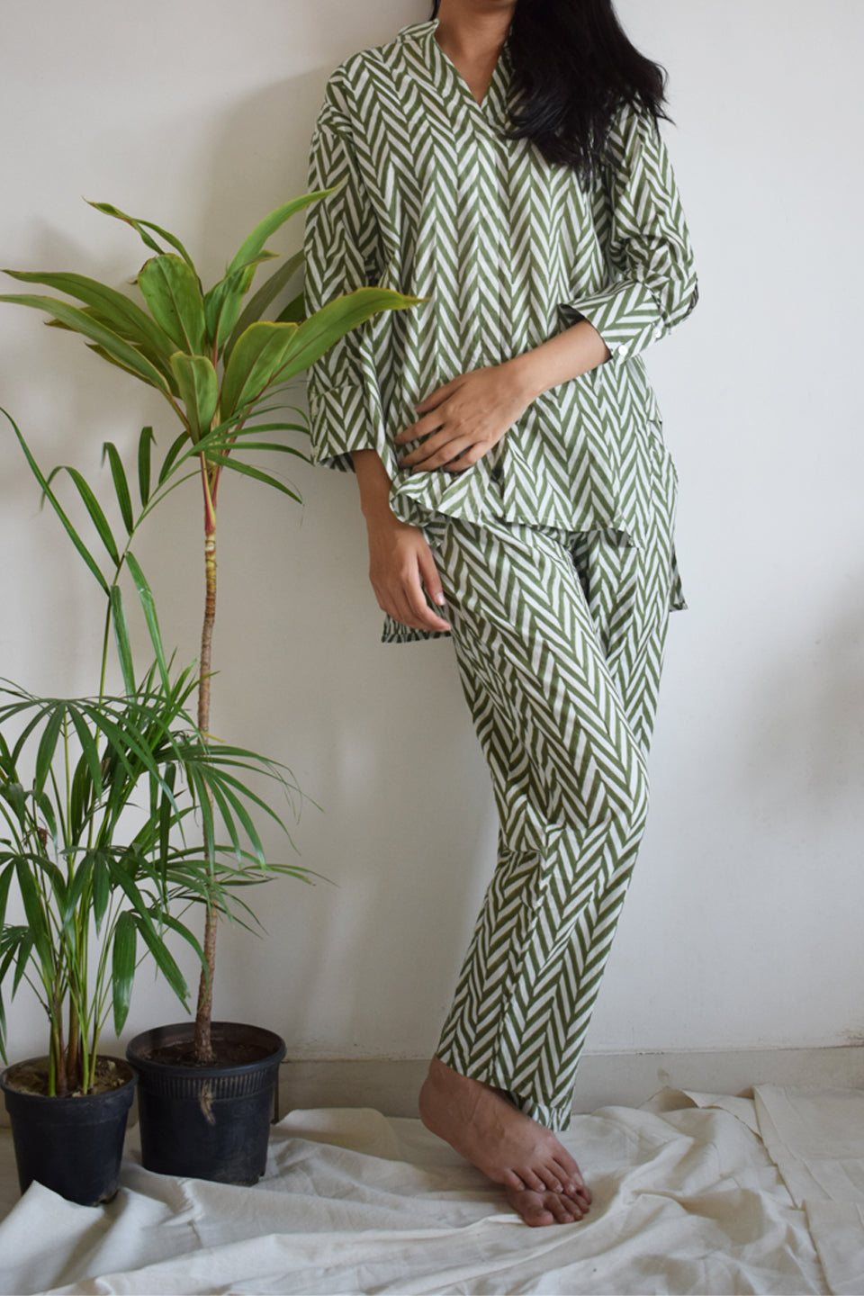 Green Chevron Cotton Co-ord Set (Set of Two)