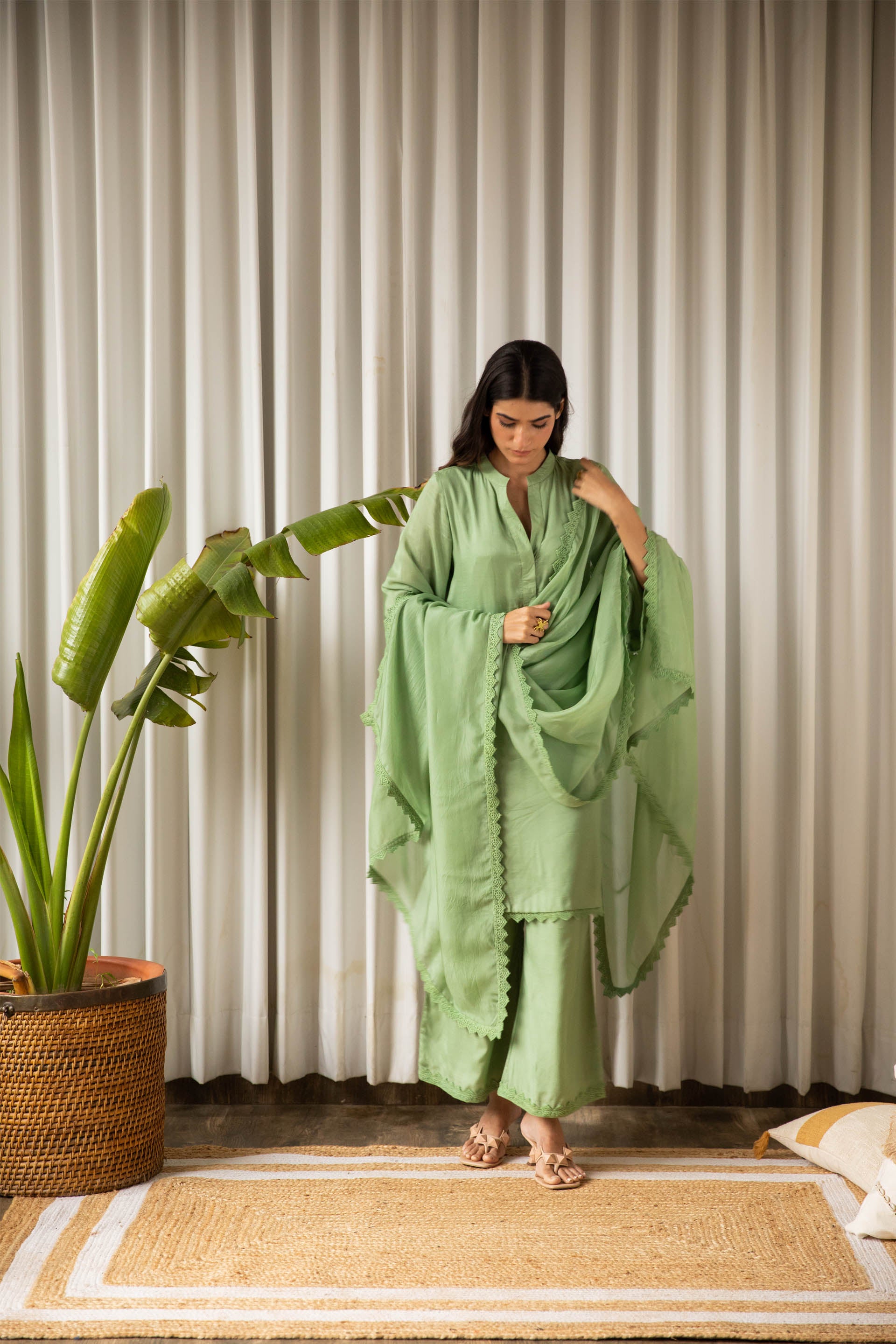 Sage Green Muslin Tunic Set (Set of Three)