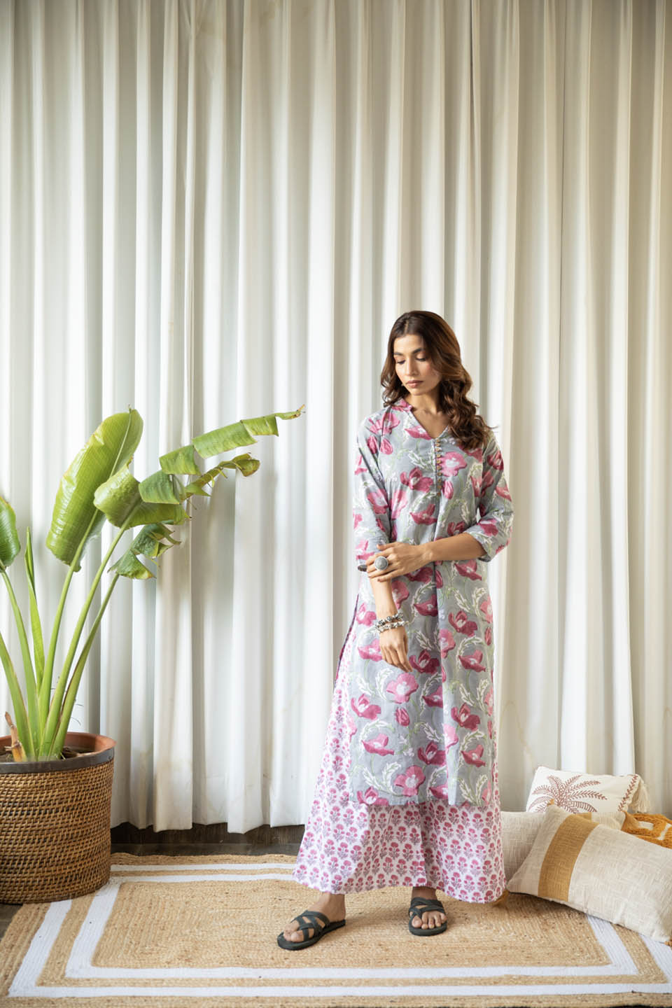 Grey and Fuchsia Floral Tunic Set (Set of Two)