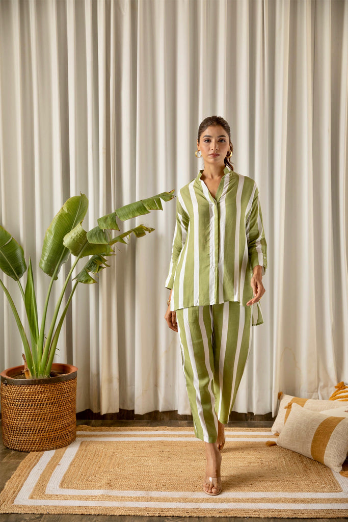 Green Striped Muslin Co-ord Set (Set of Two)