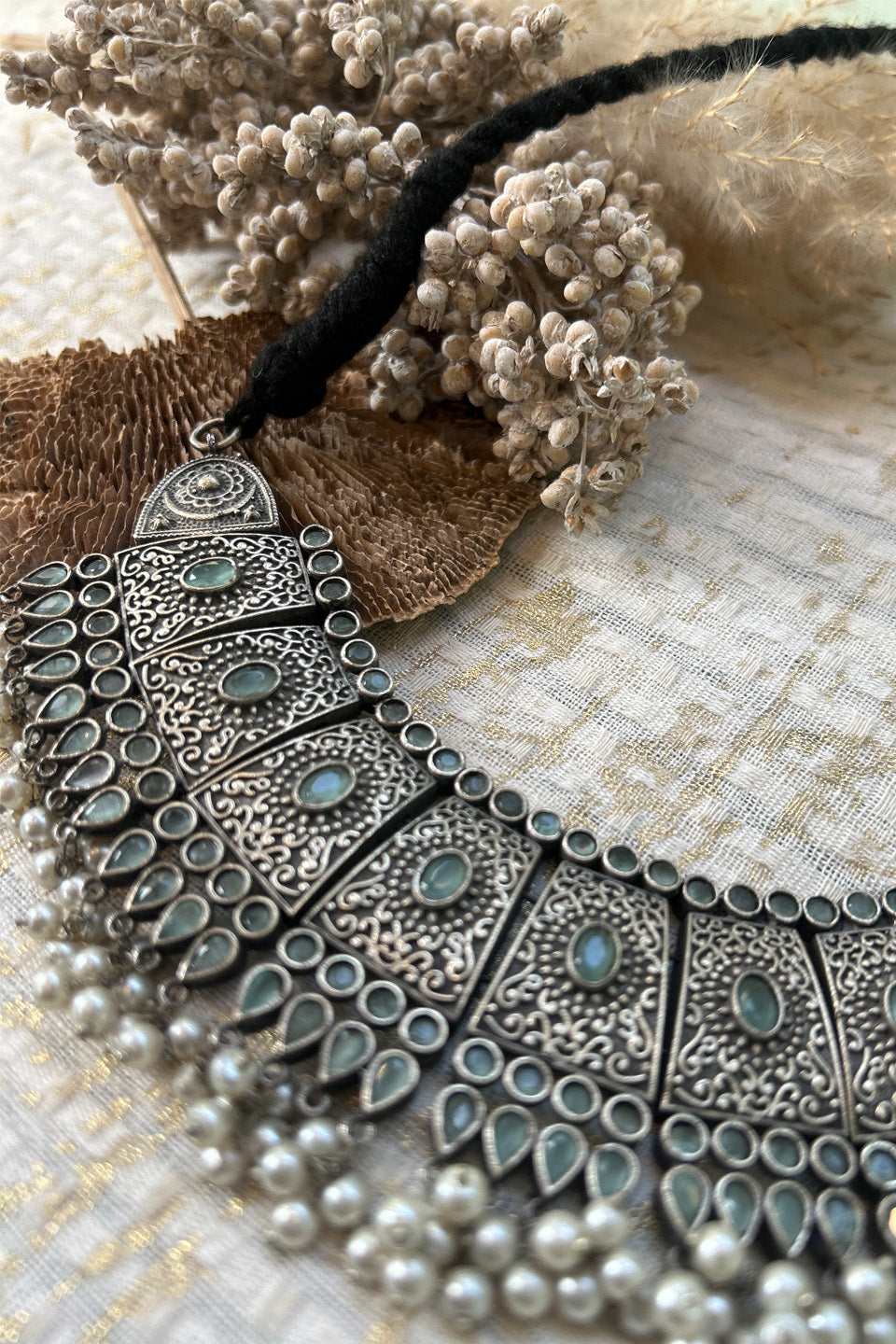 Antique Silver Green Stone & Pearl Layered Choker Necklace