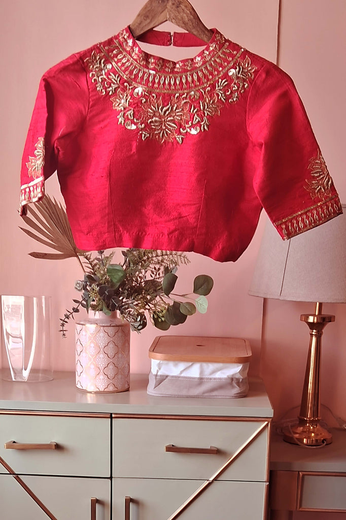 Red Embroidered Silk  Blouse(PL-106)