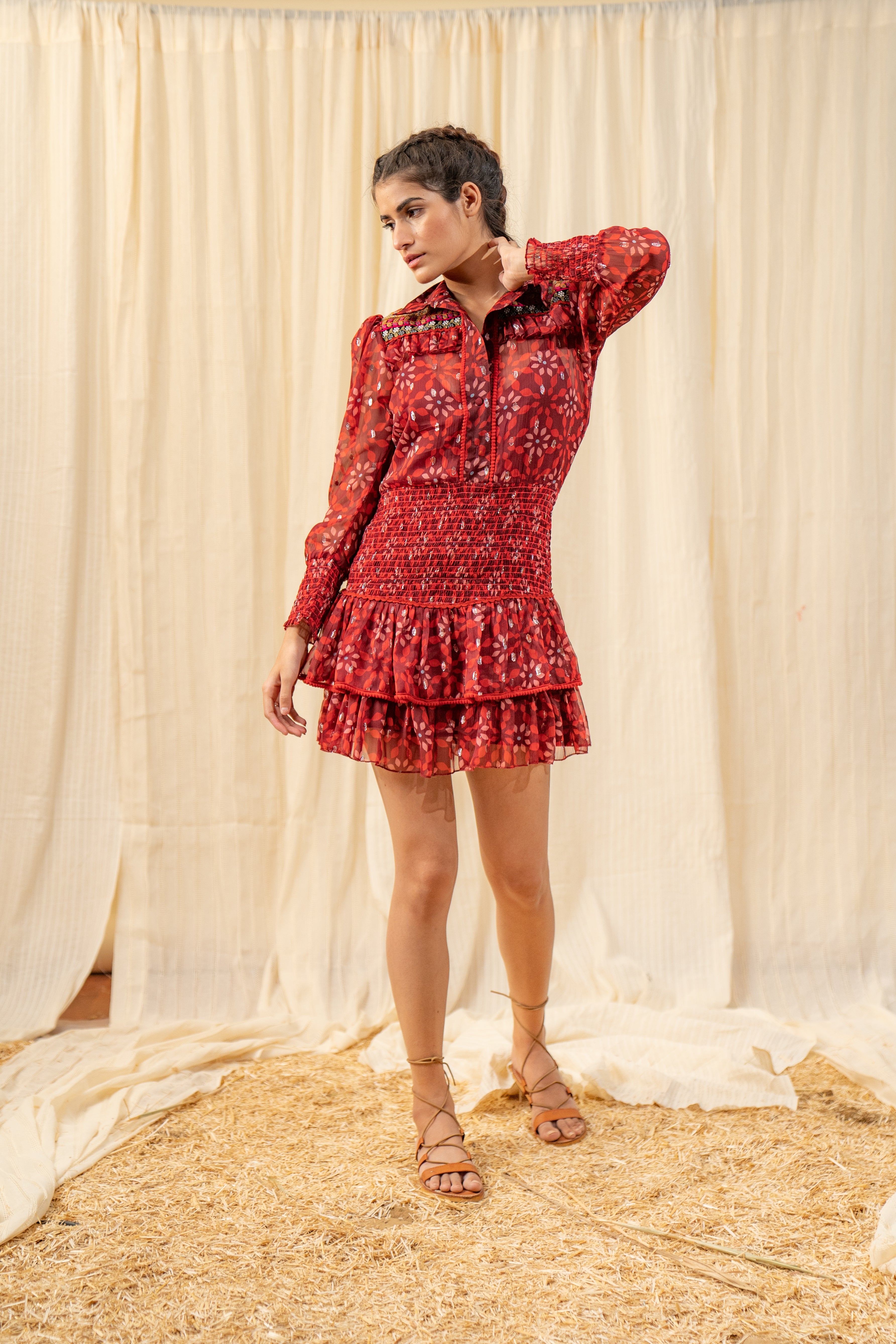 Dark Red Smocked Shirt Dress