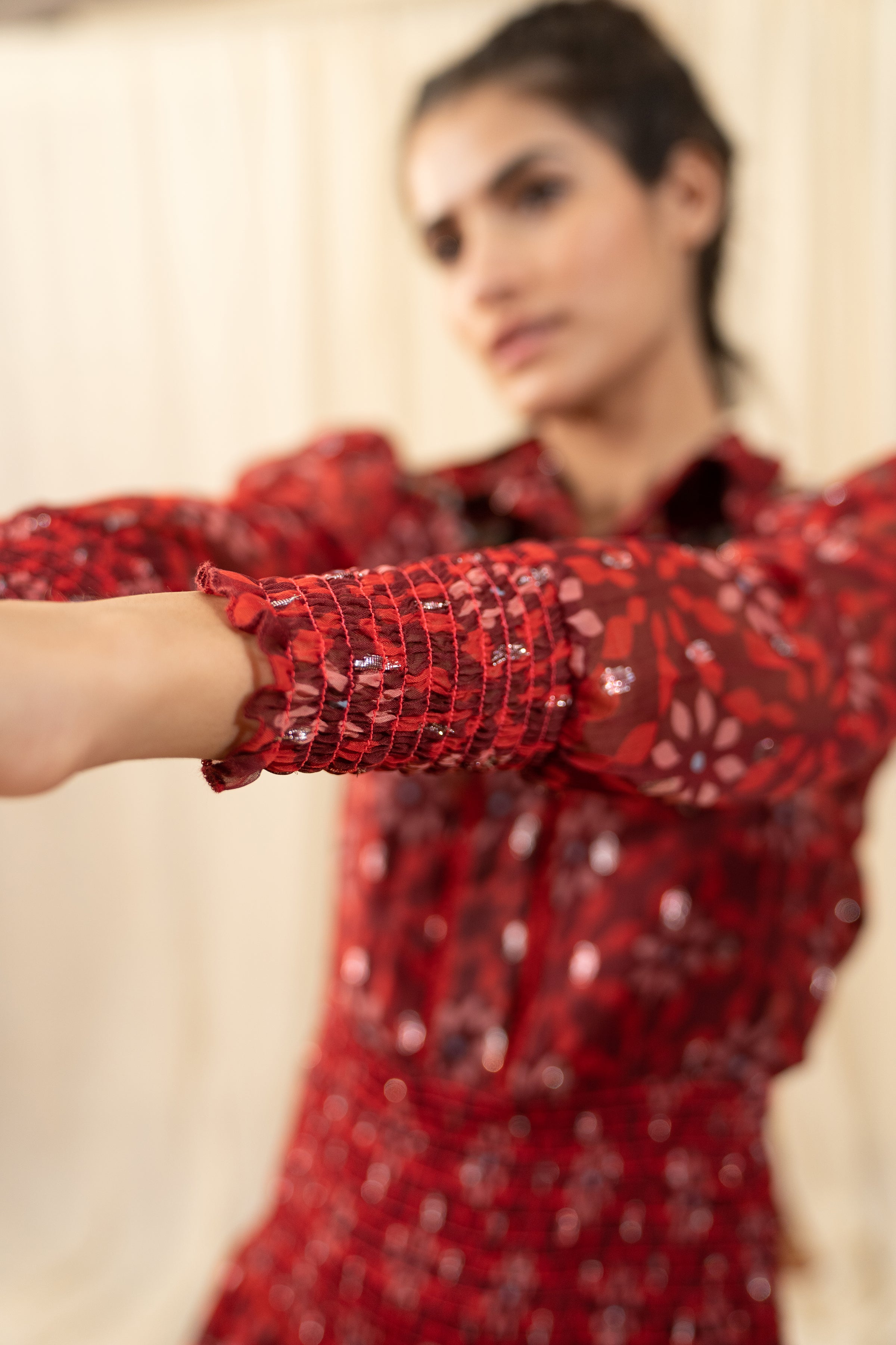 Dark Red Smocked Shirt Dress