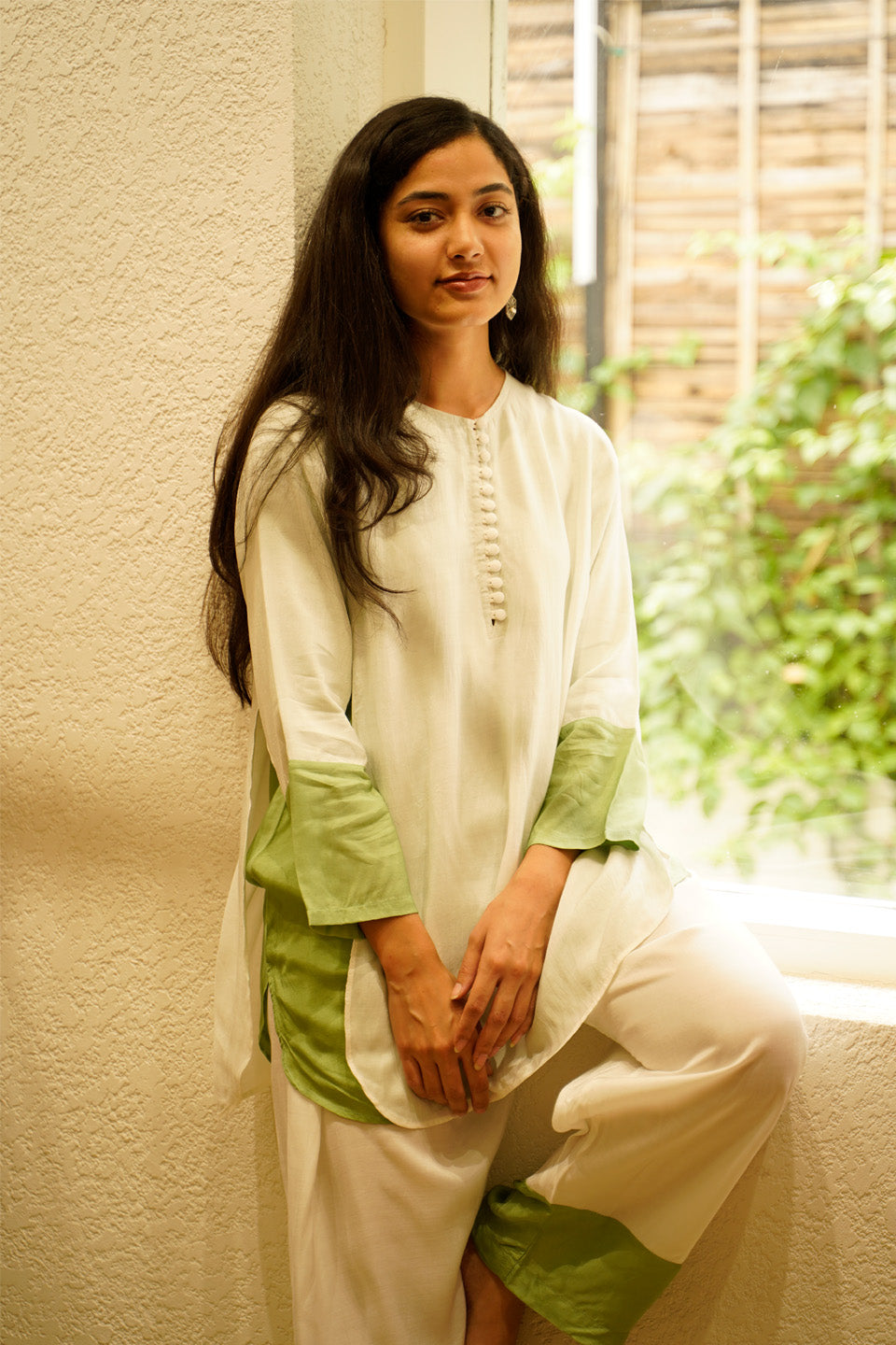 Ivory and Green Muslin Kurta Set
