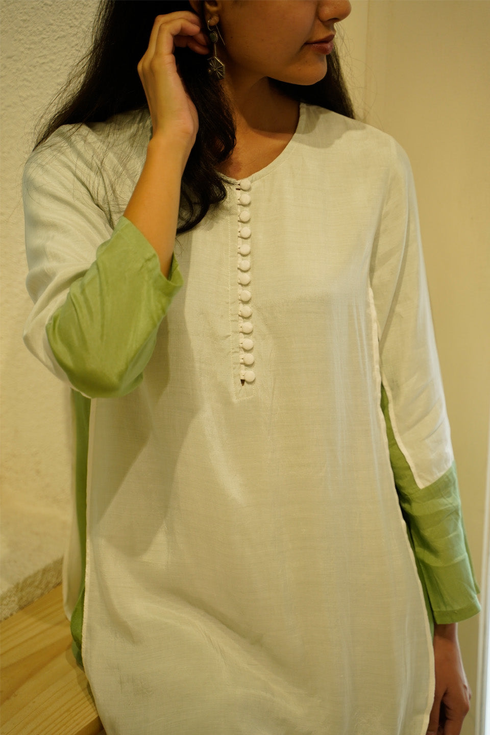 Ivory and Green Muslin Kurta Set