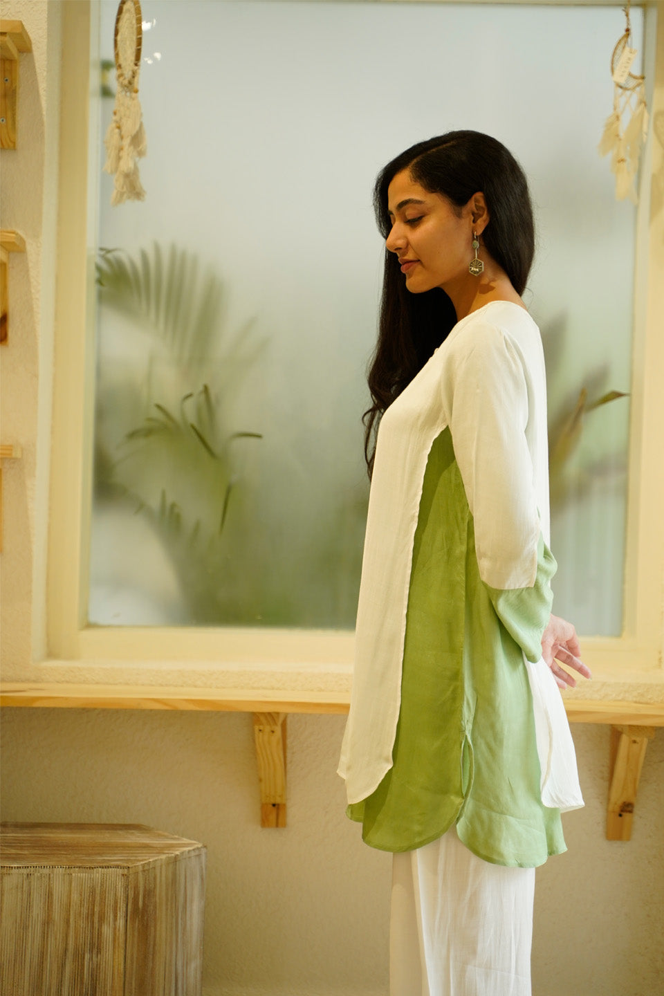 Ivory and Green Muslin Kurta Set