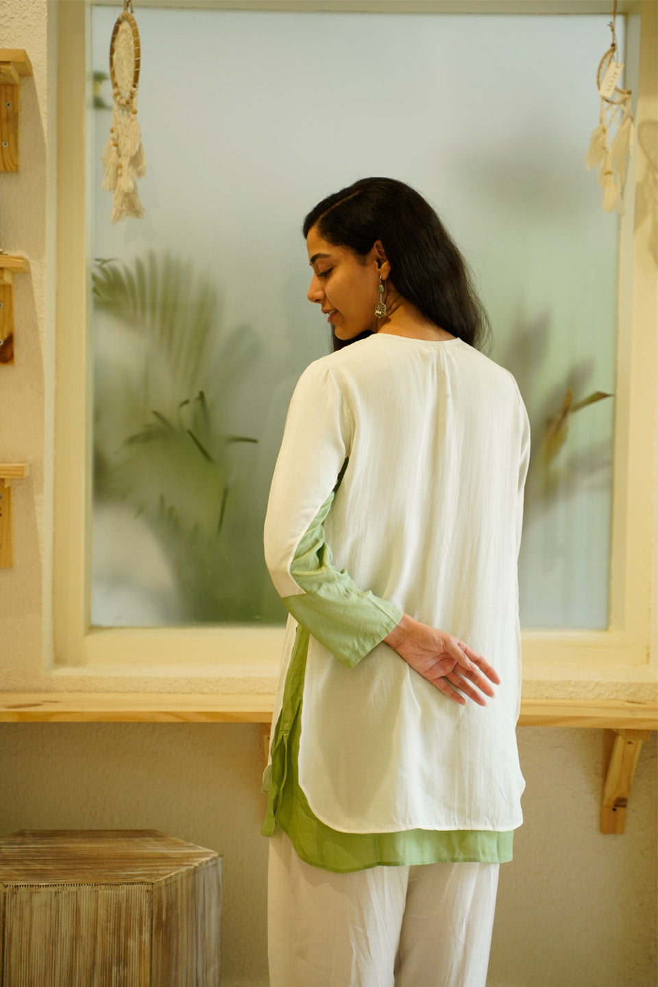 Ivory and Green Muslin Kurta Set