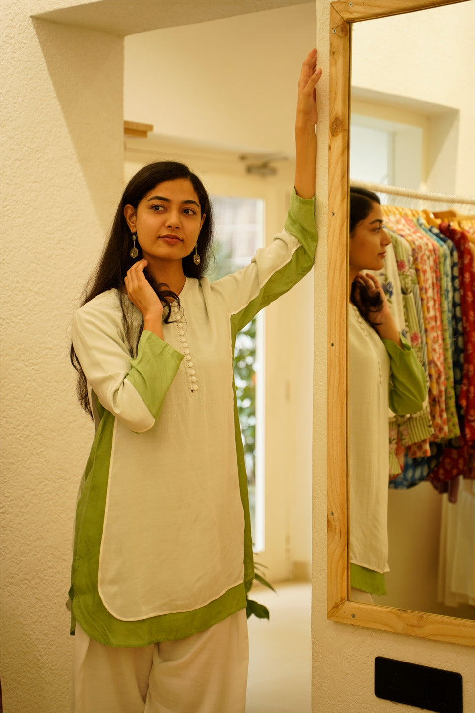 Ivory and Green Muslin Kurta Set