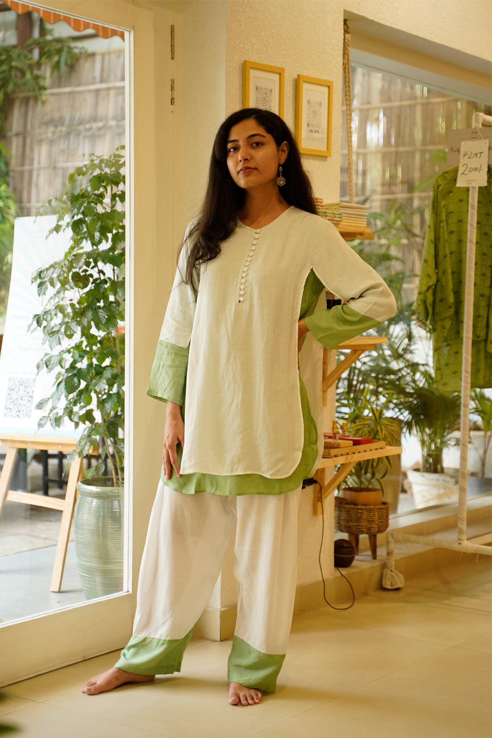 Ivory and Green Muslin Kurta Set