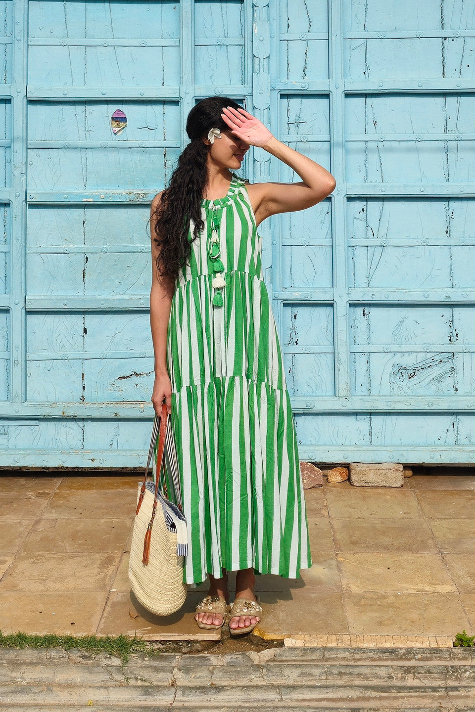 Green Striped Cotton Maxi Dress