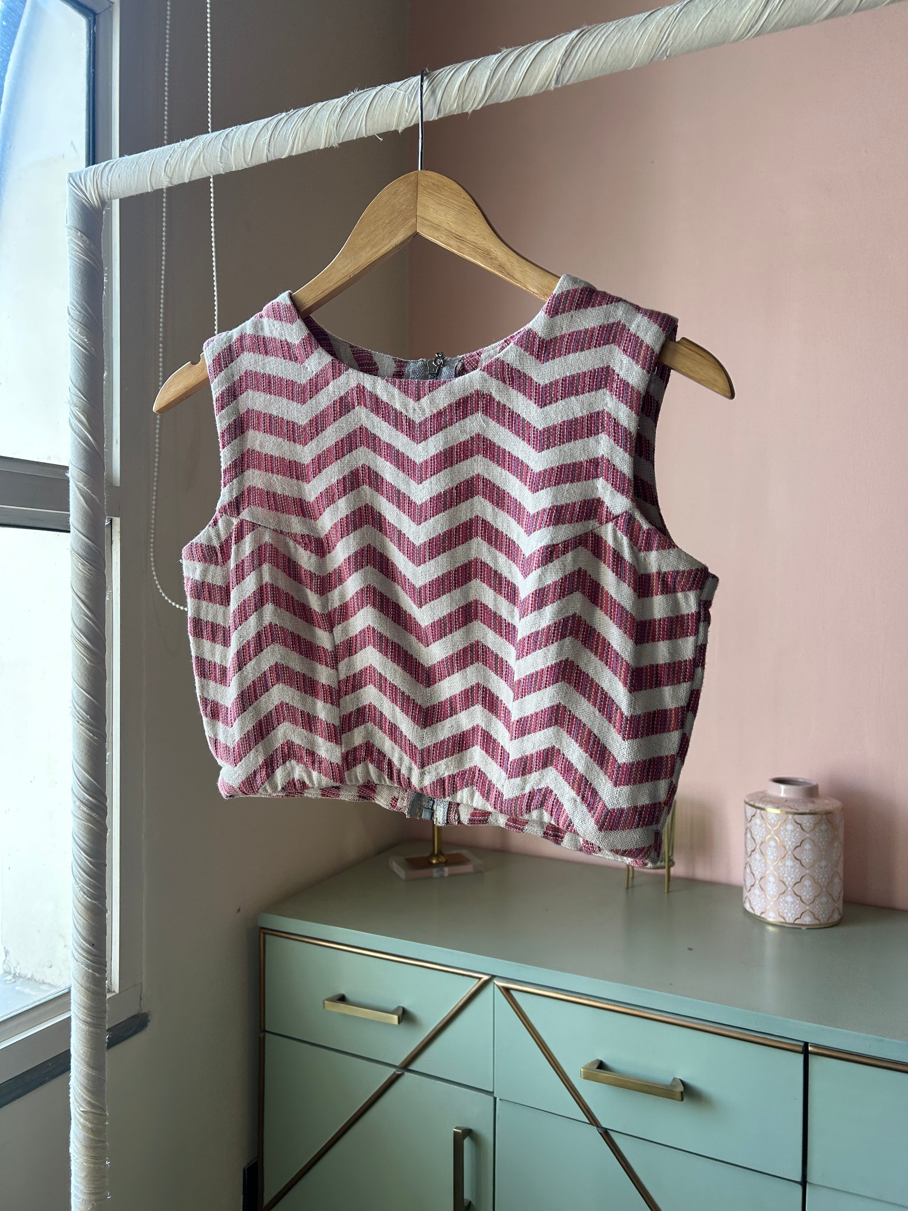 Zig-Zag Print Pure Linen Fabric Crop Top (PL-153)