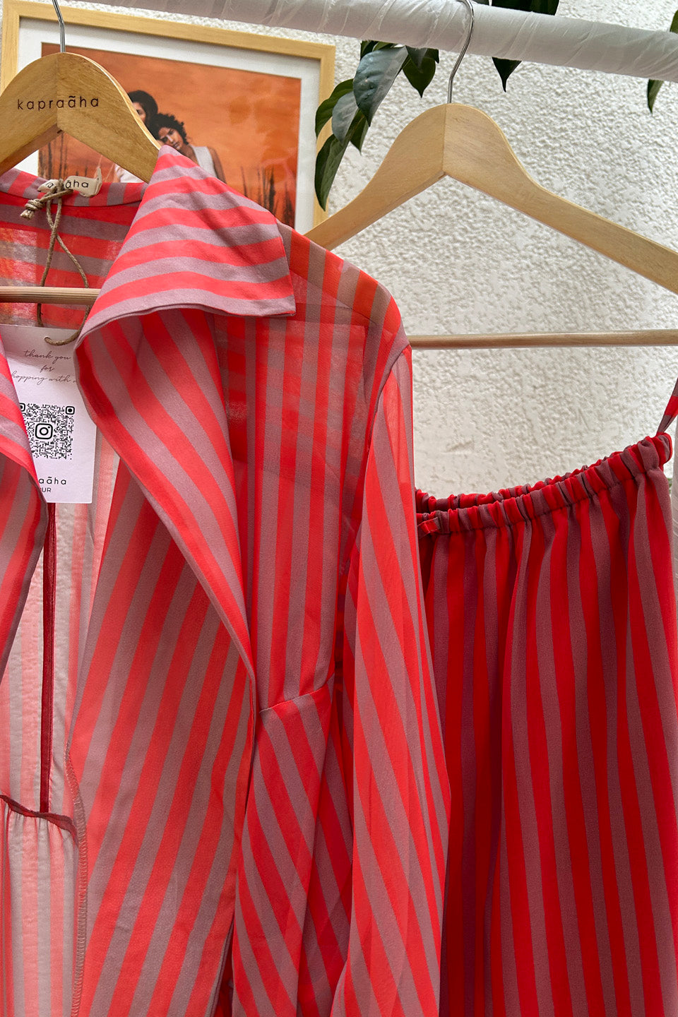 Fuchsia Striped Georgette Jacket Set (Set of Two)