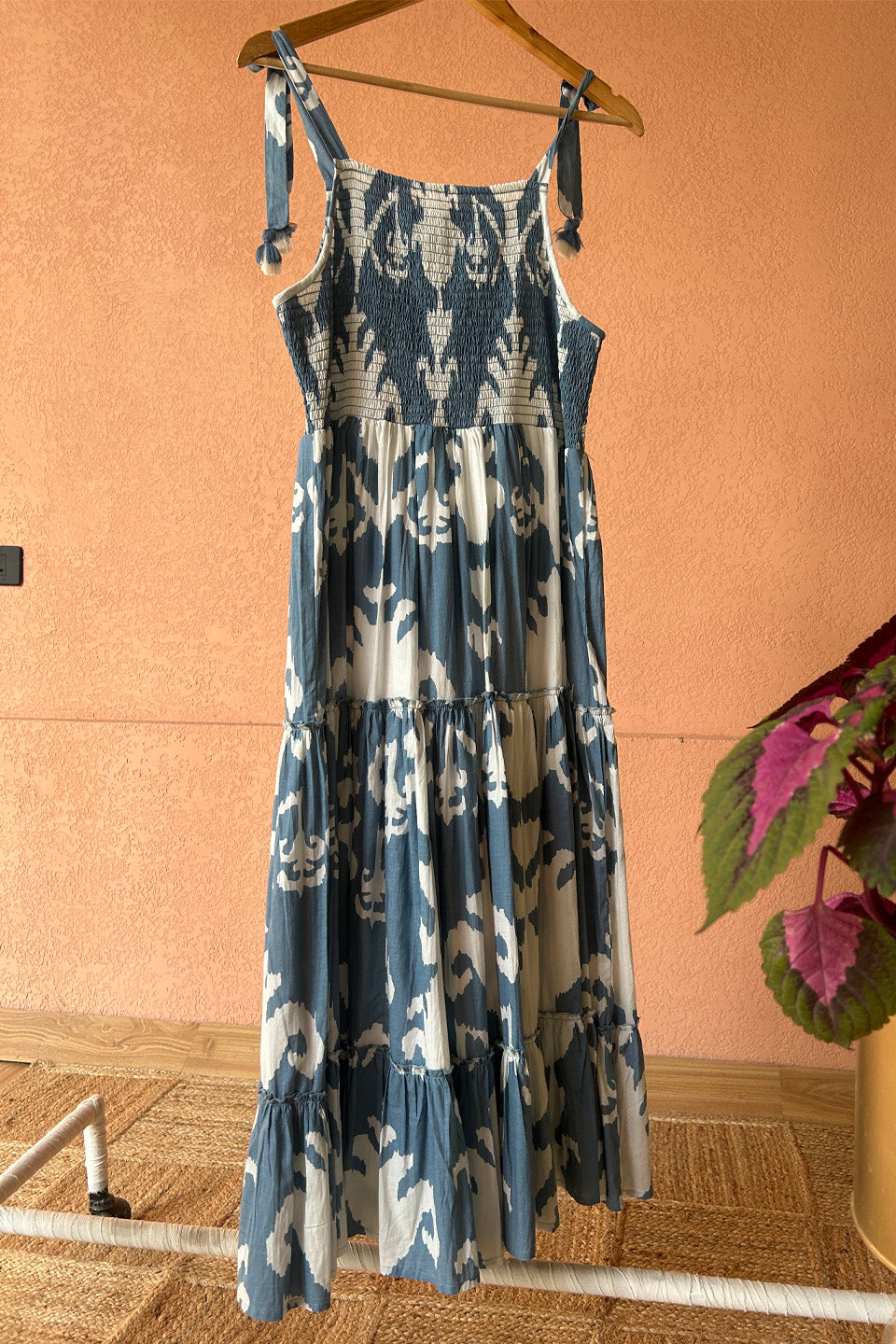 Cotton Blue Ikat Smocked Maxi Dress