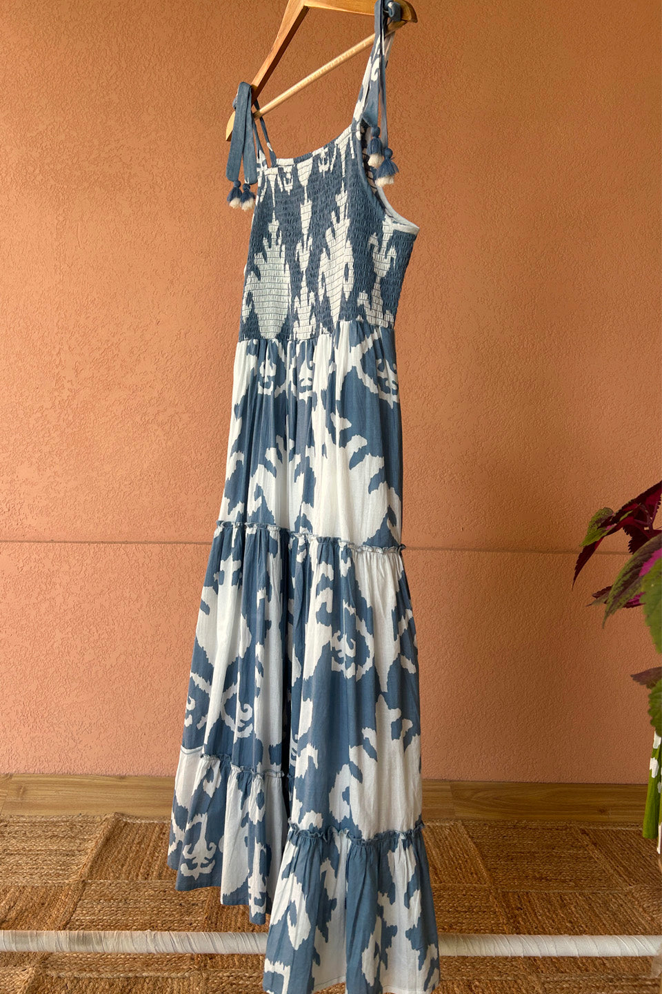 Cotton Blue Ikat Smocked Maxi Dress