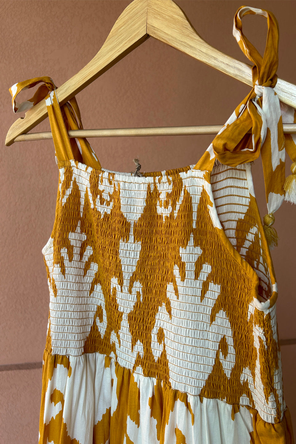 Cotton Mustard Ikat Smocked Maxi Dress