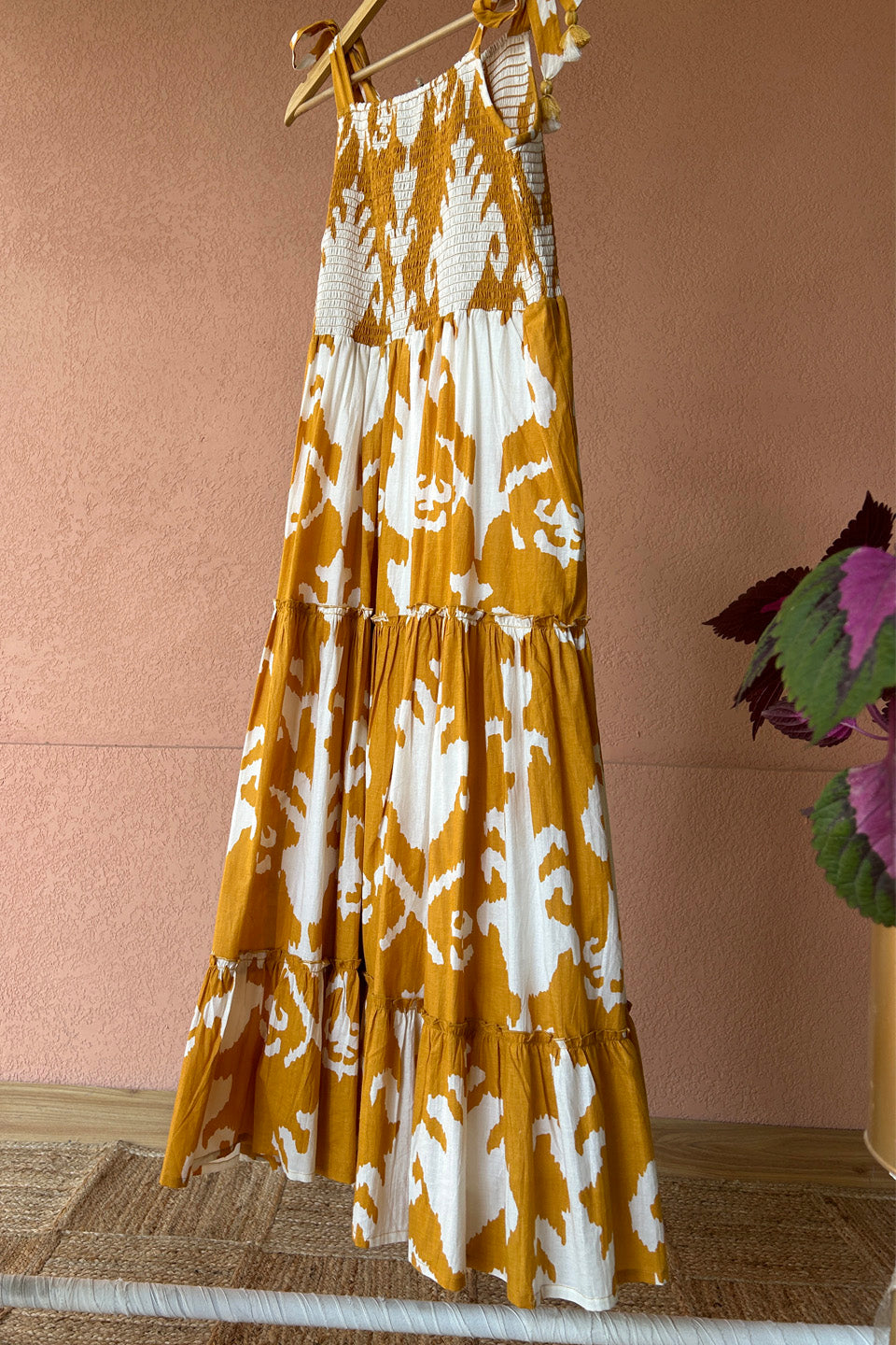 Cotton Mustard Ikat Smocked Maxi Dress