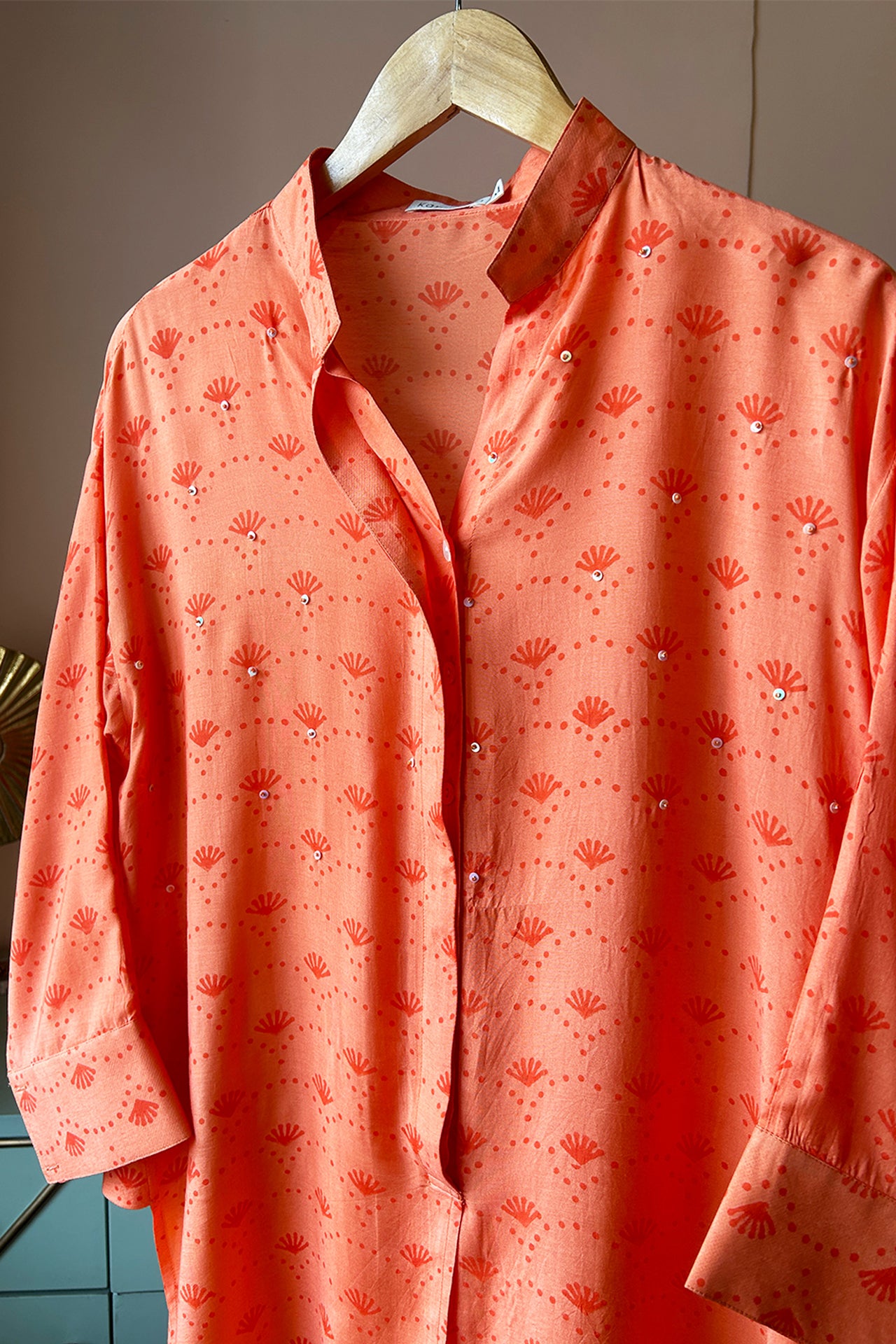 Light Orange Hand-Printed Muslin Shirt