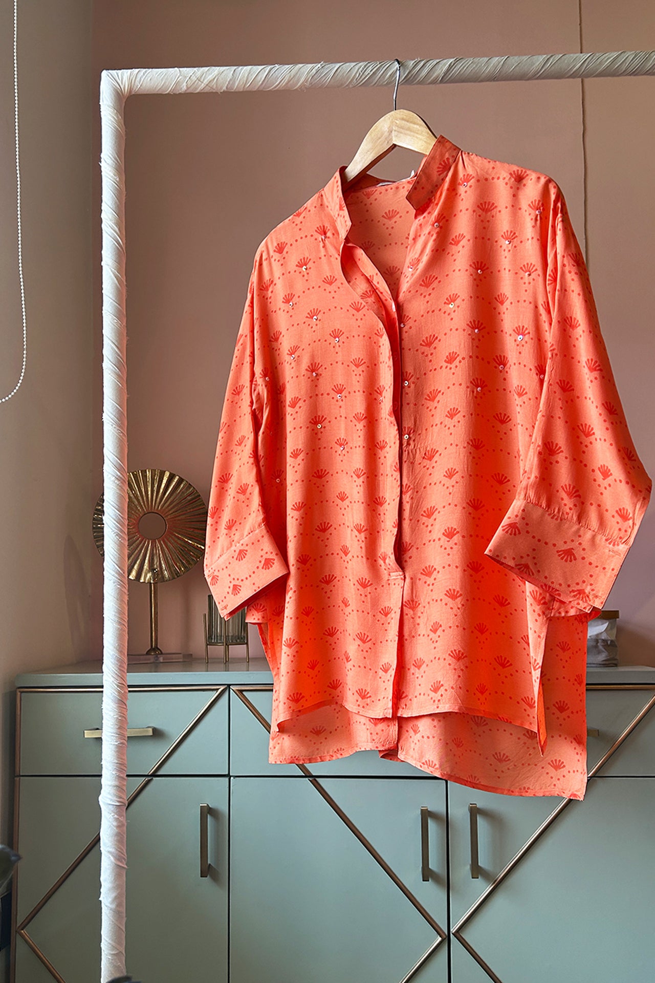 Light Orange Hand-Printed Muslin Shirt