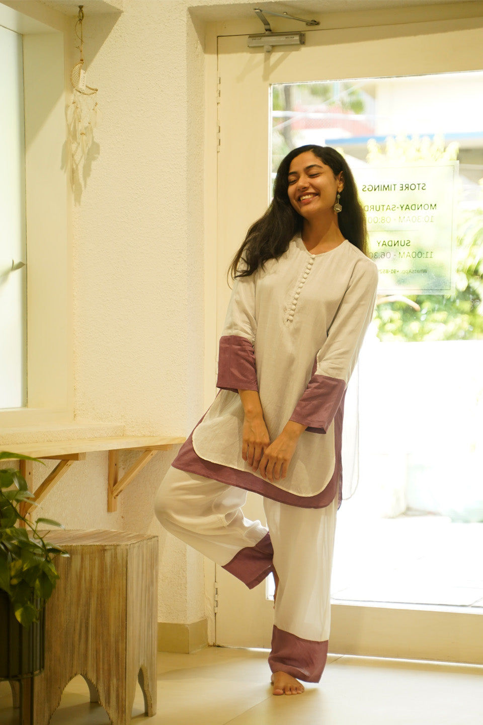 Ivory and Purple Muslin Kurta Set