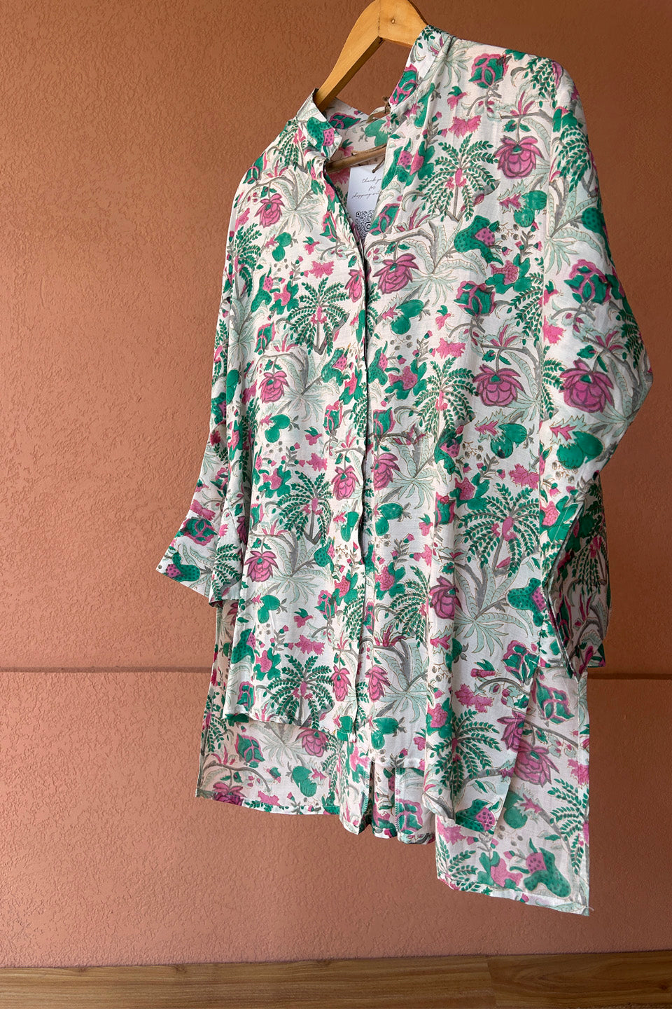 Teal Floral Printed Muslin Shirt