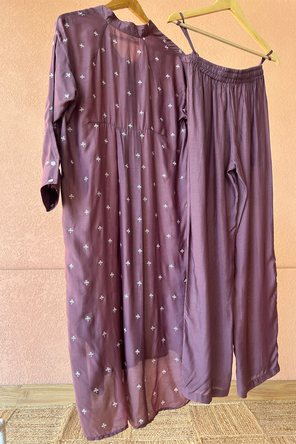 Purple Muslin Embroidered Tunic Set (Set of Two)