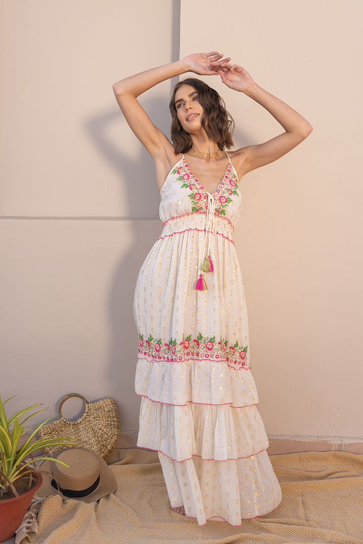 Elena Pink Floral Embroidered Boho Summer Maxi