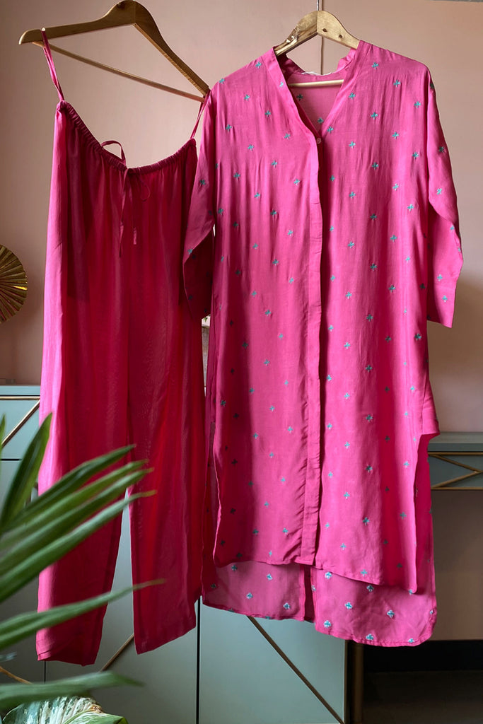 Fuchsia Embroidered Muslin Tunic Co-ord Set (Set of Two)