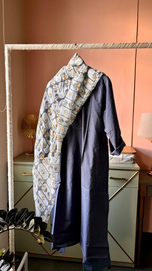 Navy Cotton Suit Set With Organza Printed Dupatta (Set Of Three)