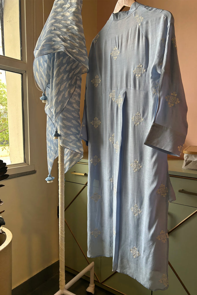 Powder Blue Embroidered Muslin Tunic with Chiffon Scarf (Two-piece Set)