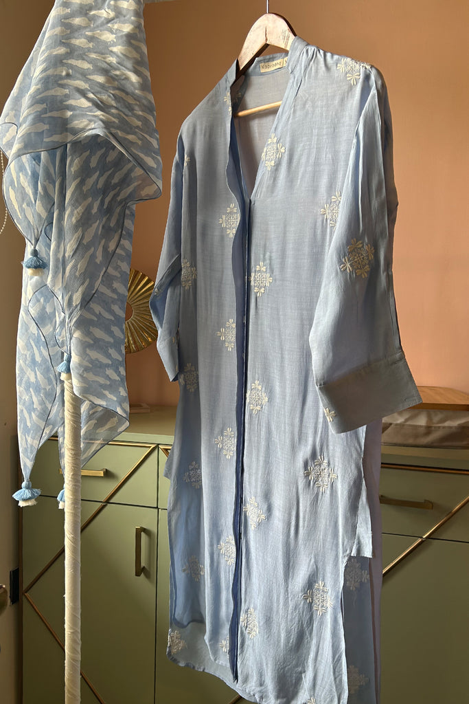 Powder Blue Embroidered Muslin Tunic with Chiffon Scarf (Two-piece Set)