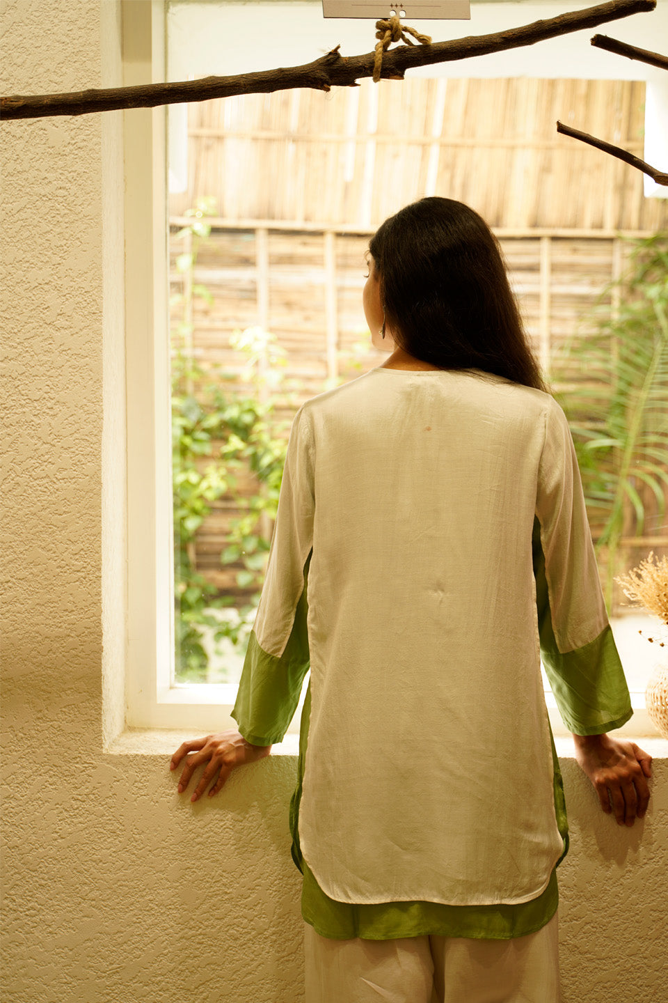 Ivory and Green Muslin Kurta Set