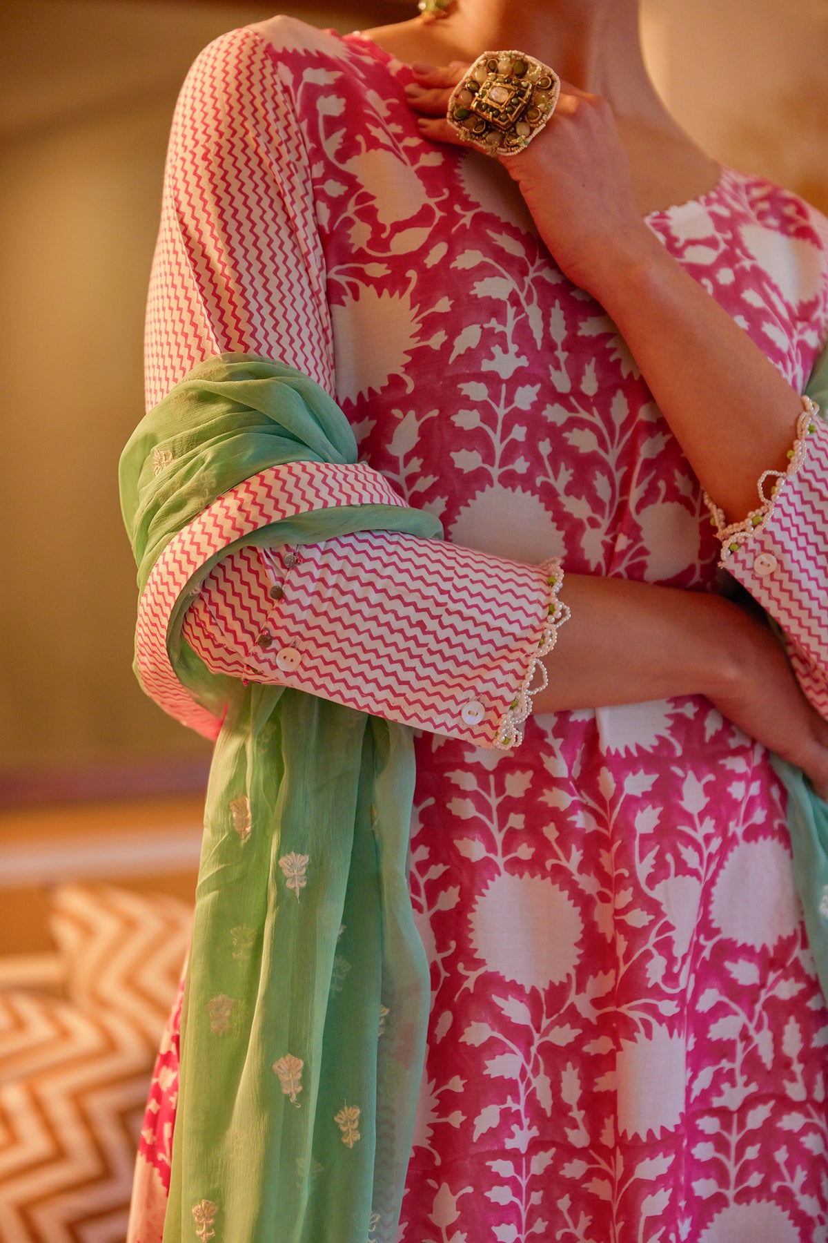 Women's Pink Floral Straight Kurta Set with Dupatta