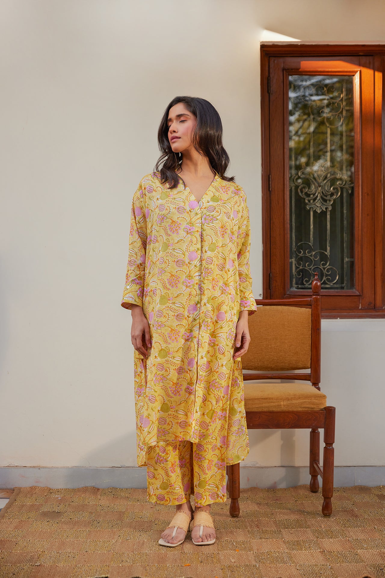 Yellow Floral Muslin Tunic Co-Ord Set (Set of Two)