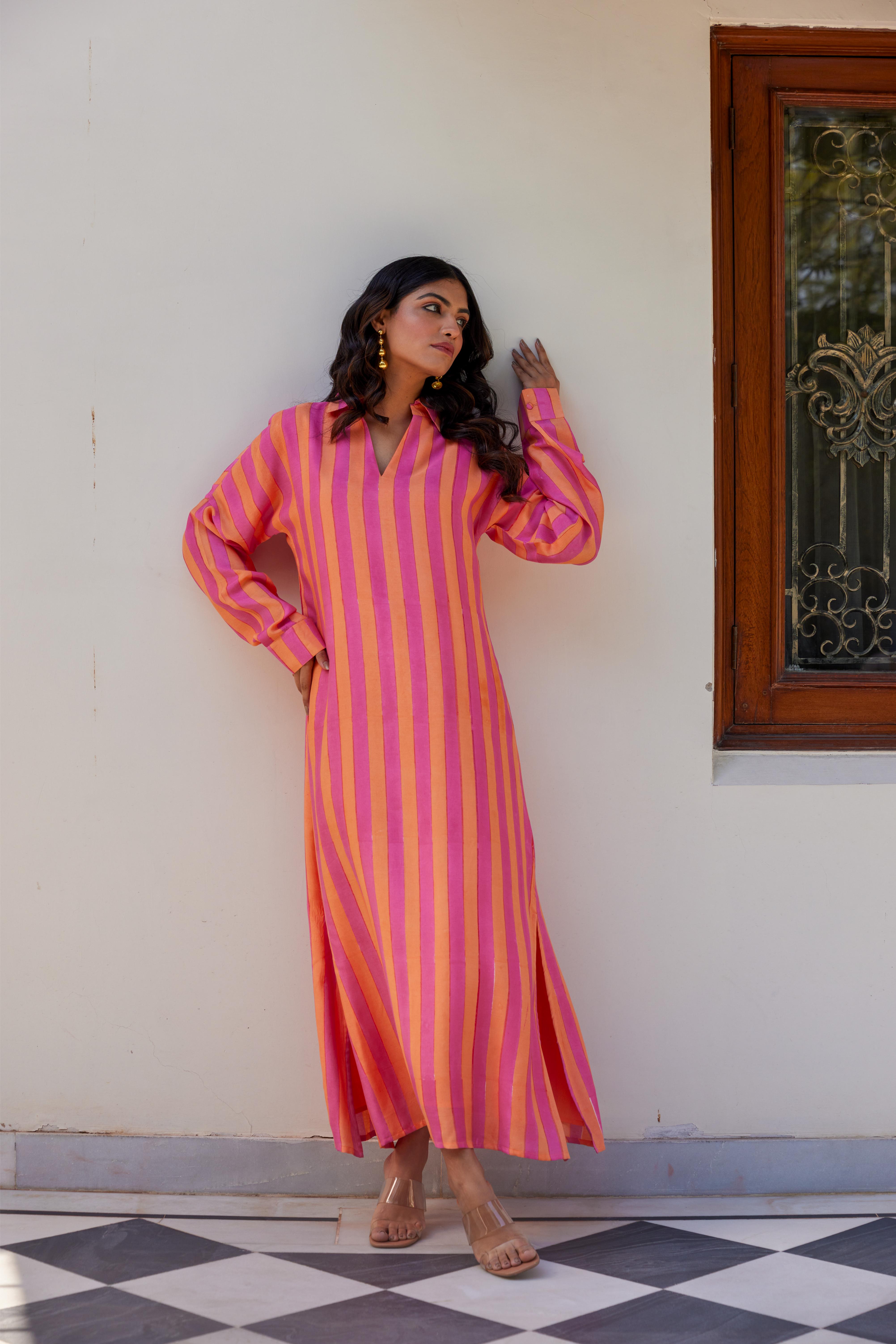 Orange and Pink Stripe Maxi Dress