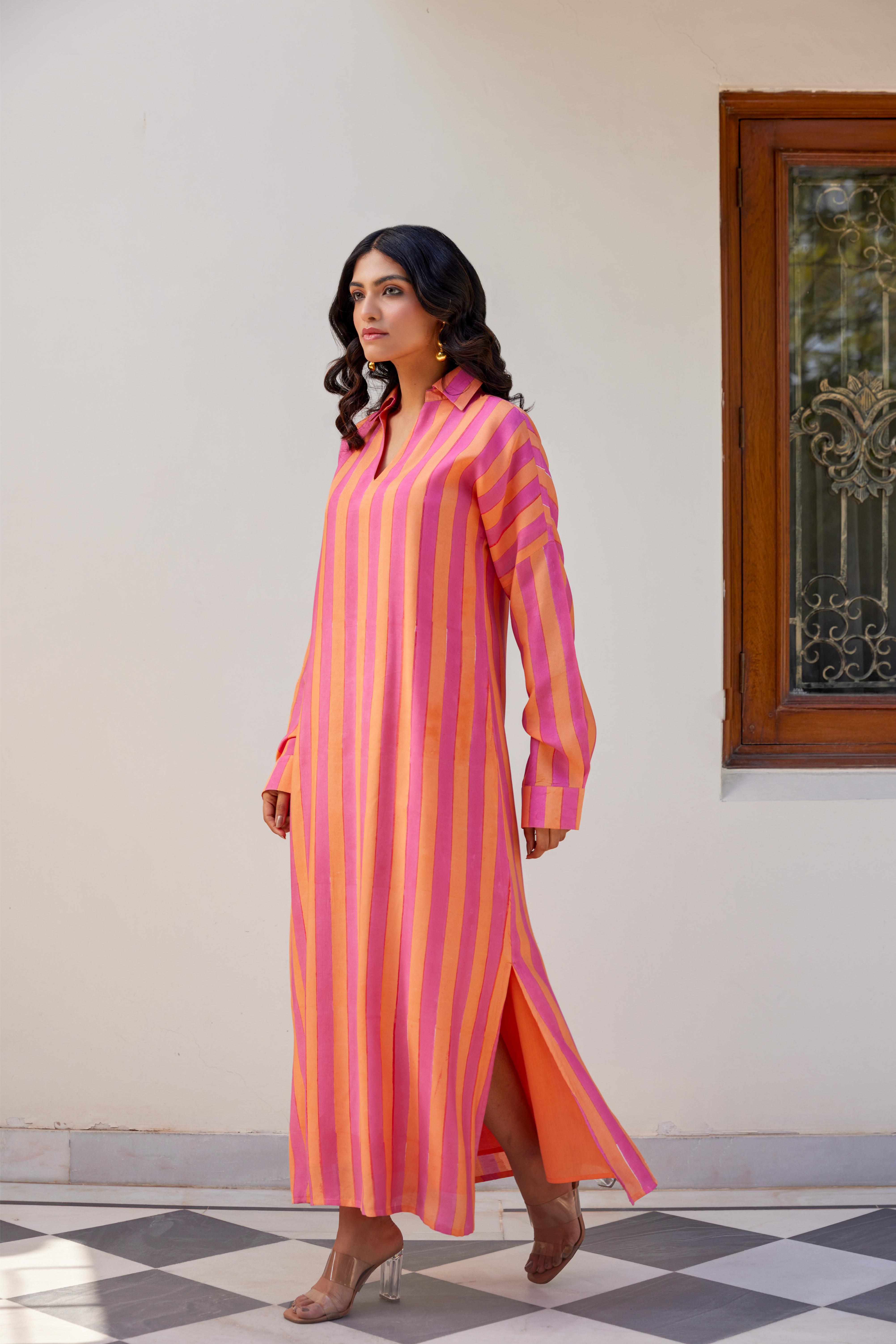 Orange and Pink Stripe Maxi Dress